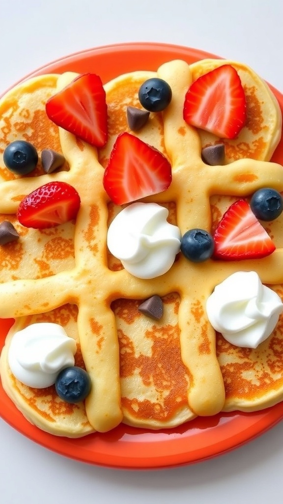 Fluffy pancake tic tac toe with fruits and toppings on a colorful plate.